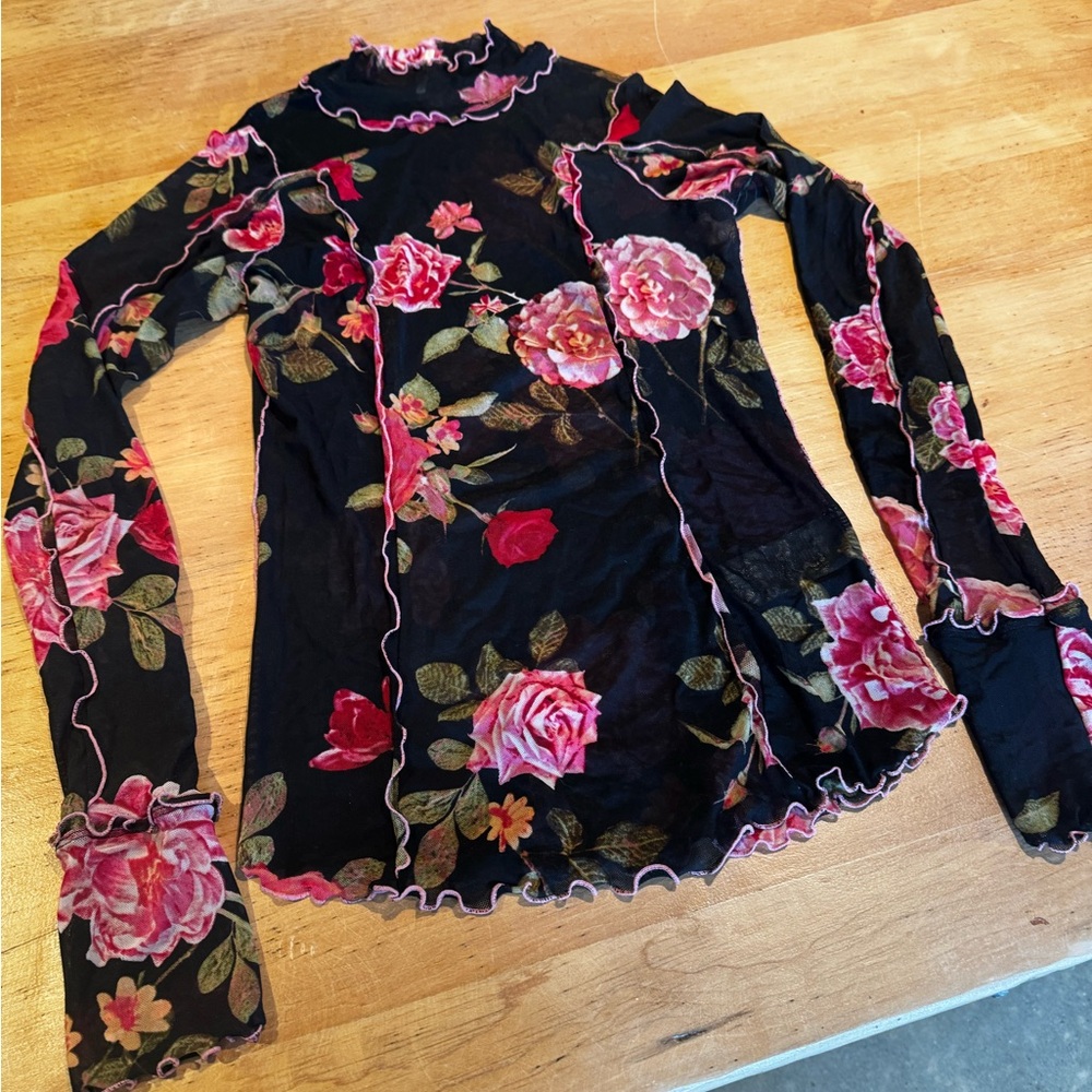 Free People Black Sheer Mesh Long-Sleeve layering Top with Pink Rose Print